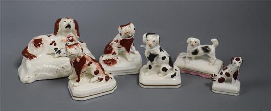 Six Staffordshire porcelain figures of King Charles Spaniels, c.1830-50, tallest 7.5cm